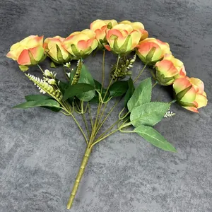 Artificial 9-head gradient orange rose bouquet with green leaves for home decor