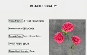Detailed view of silk 3-headed Ranunculus flower with 65cm height and 9cm bloom size