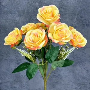Artificial 9-head orange rose bouquet for wedding decor, 44cm height, 10cm flower head