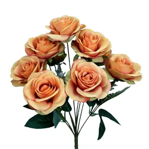 Artificial 9-head champagne rose bouquet with realistic silk petals for home wedding decor