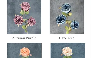 Detail of 3-head Austin cappuccino silk roses in purple, blue and orange shades