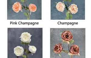 Detailed view of artificial Austin roses in champagne and pink silk textures