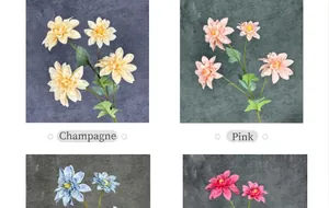 Dettaglio di dalie e crisantemi finti in colori champagne, rosa, blu e rosso ciliegia