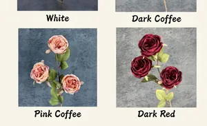 Close-up of artificial Austin roses in white, deep coffee, pink and dark red shades
