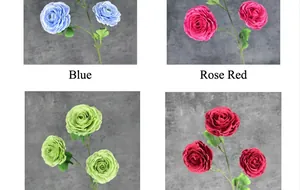 Detail of multi-head faux ranunculus flowers in blue, rose, green and dark red hues