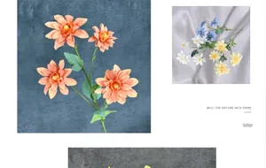 Dettaglio di petali di dalia in seta multicolore con foglie e steli realistici