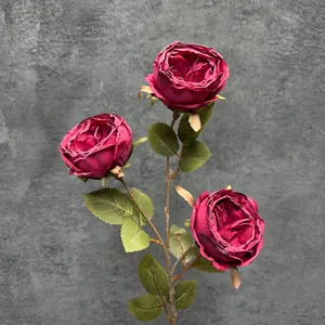Deep pink 3-head Austin cappuccino rose 66cm height artificial flower for home decor