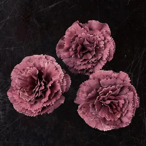 Trois têtes d'œillets artificiels violet foncé en soie pour décoration florale DIY