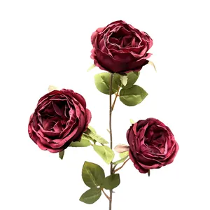 Rose Austin artificielle bordeaux à 3 têtes en soie pour décoration de mariage et maison