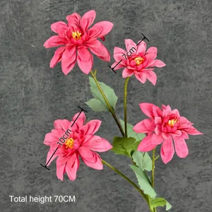 Ramo di dalia artificiale a 4 teste per decoro, 70cm di altezza con fiori rosa