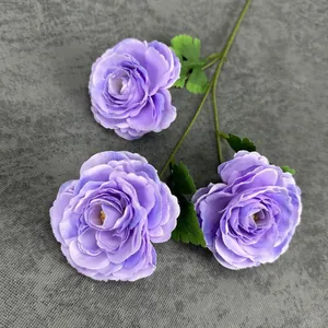Three-headed purple artificial ranunculus silk flowers for home and wedding decor