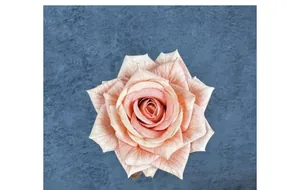 Macro view of artificial silk rose head with realistic petal texture in light salmon pink