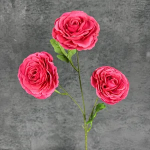 Deep pink artificial Persian buttercup 65cm long with three blooming flower heads