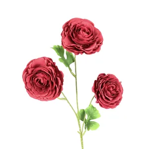 Three-headed deep red artificial Ranunculus silk flower with green leaves for home decor