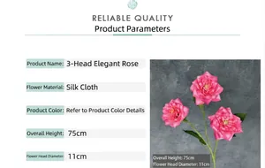 Detail view of silk queen rose petals and specifications for the 75cm long artificial stem
