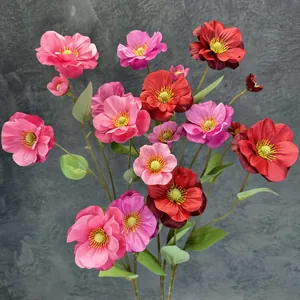 Close-up of artificial 6-head poppy silk flowers with vibrant petals and yellow stamens