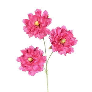 Three-head artificial pink peony flower with green stem for elegant home decor and wedding