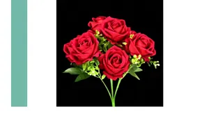 Detailed close-up of 7-head red velvet artificial roses with green leaves and buds