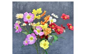 Vibrant multi-colored faux silk poppies detail with purple yellow and red petals