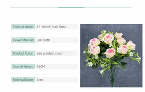 Detailed dimensions of 15-head silk pearl roses for wedding bridal bouquets decoration