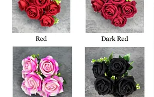 Close-up of velvet rose bouquets in bright red, dark red, pink-white, and black hues