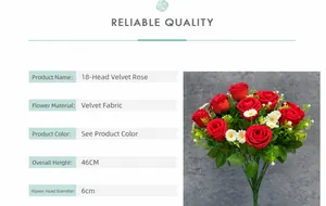 Dettaglio di rose in velluto rosso a 18 teste, altezza 46cm e diametro del fiore di 6cm