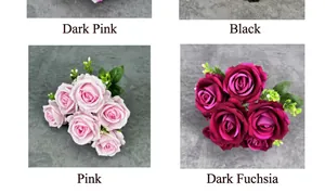 Detail view of artificial velvet roses in dark pink, black, and deep rose red shades
