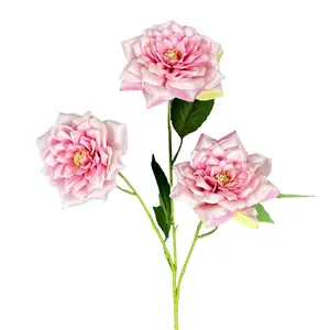 Elegant three-head artificial pink queen rose branch for home and wedding decor