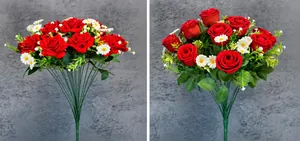 Dettaglio di rose rosse artificiali in velluto con dimensioni per decorazioni nuziali