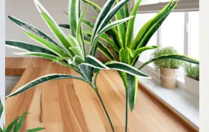 Detail of artificial spider plant leaves with green and cream stripes on wood desk