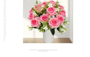 Pink artificial roses with baby's breath in a white ribbed ceramic vase for home decor