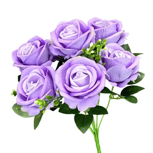 Ramo de 7 rosas artificiales de terciopelo morado con hojas para decoración de boda