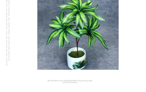 Detail of faux Dracaena plant with striped green leaves in a white ceramic pot
