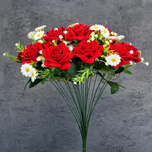 Bouquet di 18 rose in velluto rosso e margherite artificiali, decorazione casa 45cm