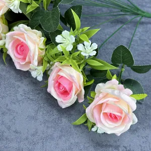 Pink and white gradient artificial rose bouquet with green leaves for home wedding decor