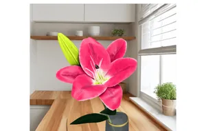 Realistische 3D-Lilie in Dunkelrosa mit Blättern in grauer Vase auf einer Küchentheke dekoriert