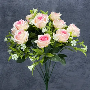 Artificial 15-head pink and white bridal rose bouquet, 46cm height home wedding decor