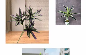 Detail of faux lily bamboo leaves with purple and green stripes in a white ceramic pot