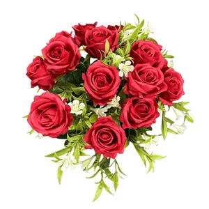 Realistic 15-head red artificial rose bridal bouquet for elegant wedding home decoration
