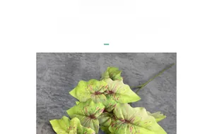 Detail of faux silk Caladium leaf with pink spots and red veins for home decor