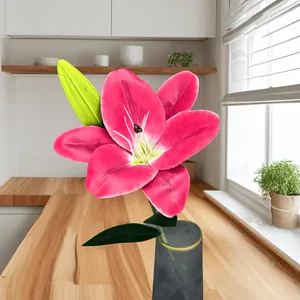 Realistische rosa 3D-Lilie mit Knospe in grauer Vase für Heim- und Hochzeitsdeko