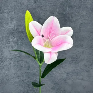Realistische 3D-Lilie mit pinkfarbenem Farbverlauf und grüner Knospe für Wohndekor