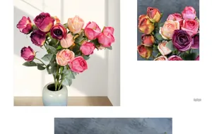 Detailed close-up of colorful silk rose bouquet in a stylish matte ceramic vase