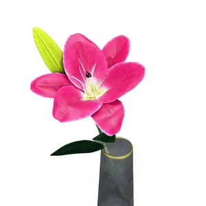 Realistische rosenrote Lilie mit Knospe in grauer Glasvase für Hochzeitsdekoration