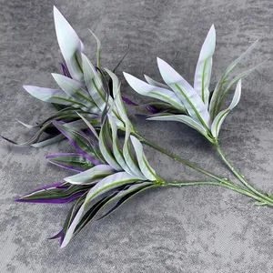 Artificial 3-head lily bamboo silk leaves with purple and white striped patterns
