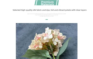 Detailed view of handmade pink-white silk hydrangea with realistic fabric petals and green leaves