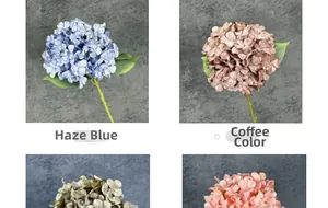 Detailed close-up of mist blue and coffee faux hydrangeas for elegant home decoration