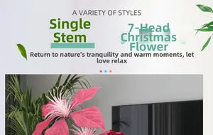 Close-up of a pink artificial poinsettia single stem with 7 heads for Christmas decor