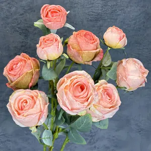 Vintage Oil Painting Style Burnt Edge Artificial Rose Flower Multi Head Branch Satin-Look Fabric For Home Wedding Party Decor Fake Flower