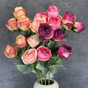 Vintage Realistic Silk Cloth Rose Branch Burned Edge Artificial Flowers For Wedding Home Party Arrangement Floral Decor